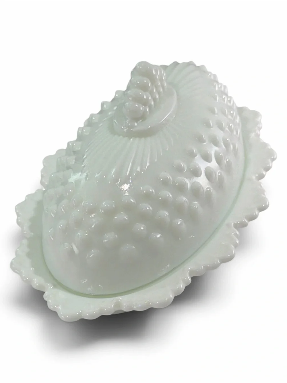 Vintage Fenton White Milk Glass Hobnail Oval Covered Butter Dish